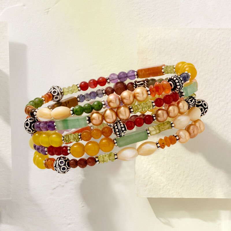 Multi-Gemstone Jewelry Set: Five Bead Stretch Bracelets with Sterling Silver image number 3