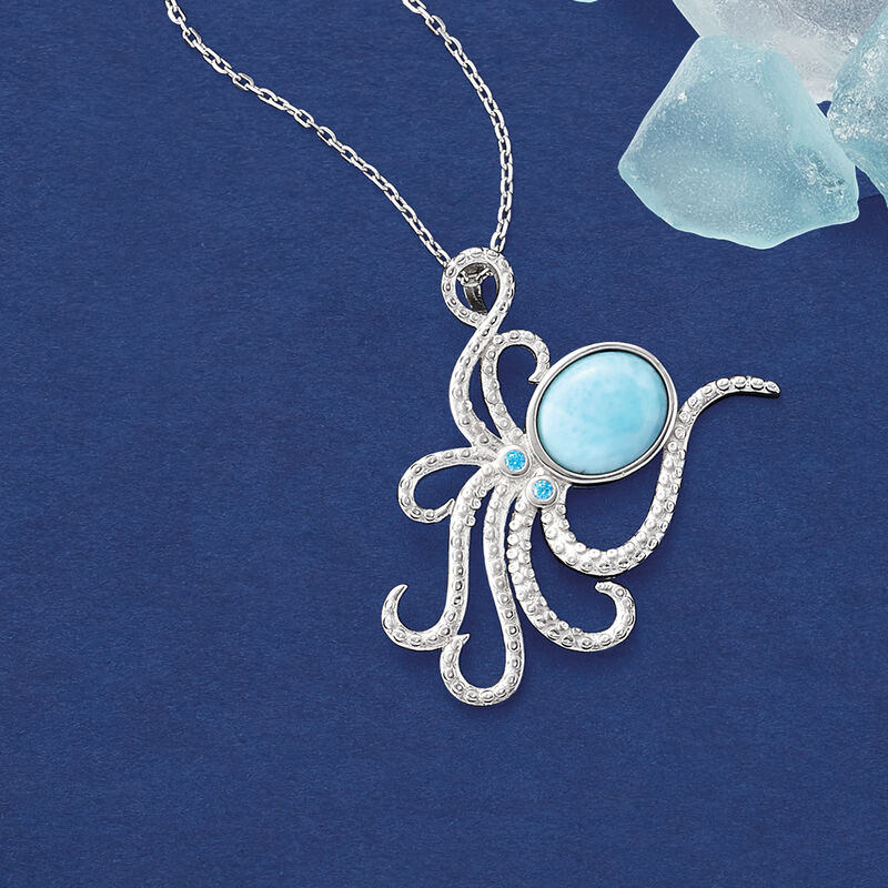Larimar Octopus Pendant Necklace in Sterling Silver with CZ Accents image number 2