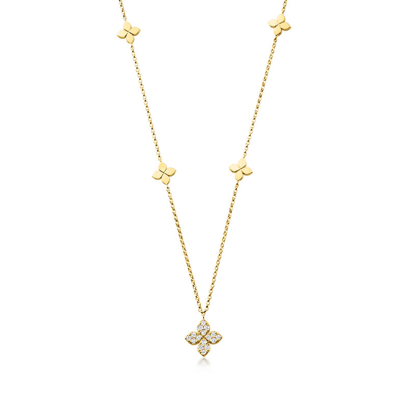 Roberto Coin "Love in Verona" .16 ct. t.w. Diamond Flower Necklace in 18kt Yellow Gold. 15.5" image number 1
