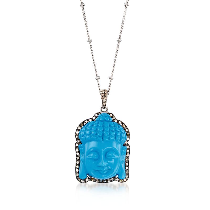 Synthetic Turquoise and .67 ct. t.w. Champagne Diamond Buddha Pendant Necklace in Sterling Silver. 18&quot; image number 1