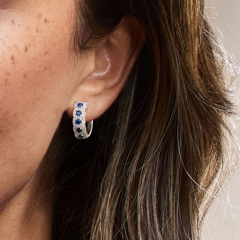 C. 2000 Vintage 1.50 ct. t.w. Sapphire and 1.15 ct. t.w. Diamond Hoop Earrings in 14kt White Gold. 3/4" image number 1