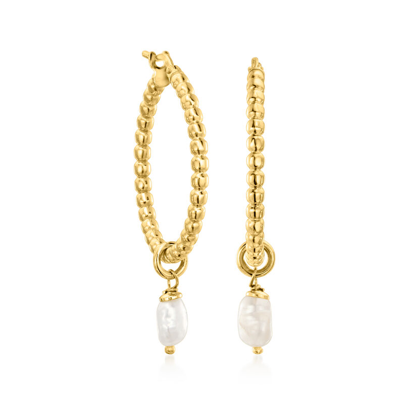 Italian 18kt Gold Over Sterling Beaded Hoop Earrings with Removable 3-5mm Cultured Baroque Pearl Drops image number 0