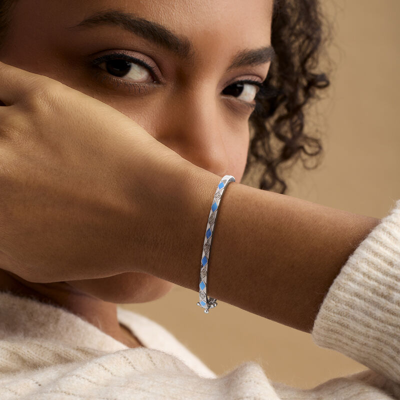 .15 ct. t.w. Diamond and Blue Enamel Bangle Bracelet in Sterling Silver. 7&quot; image number 1