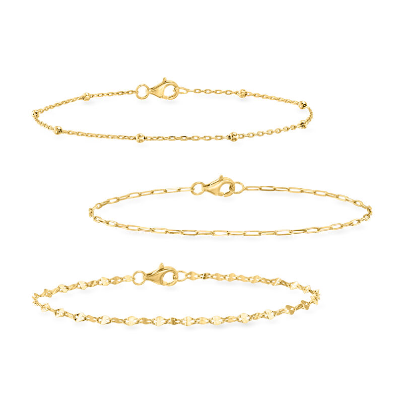 18kt Gold Over Sterling Jewelry Set: Bead Station, Paper Clip Link and Lumachina-Chain Bracelets image number 0