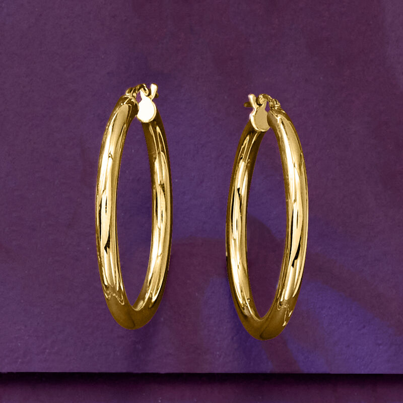 Italian 3mm 18kt Yellow Gold Hoop Earrings. 1 1/8" image number 3