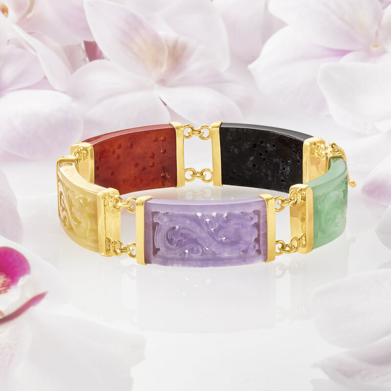 Multicolored Jade Dragon Bracelet with 18kt Gold Over Sterling image number 3