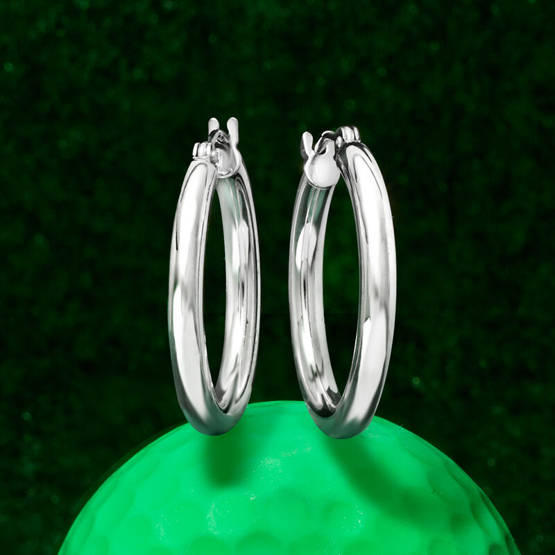3mm 14kt White Gold Hoop Earrings. 1&quot; image number 2