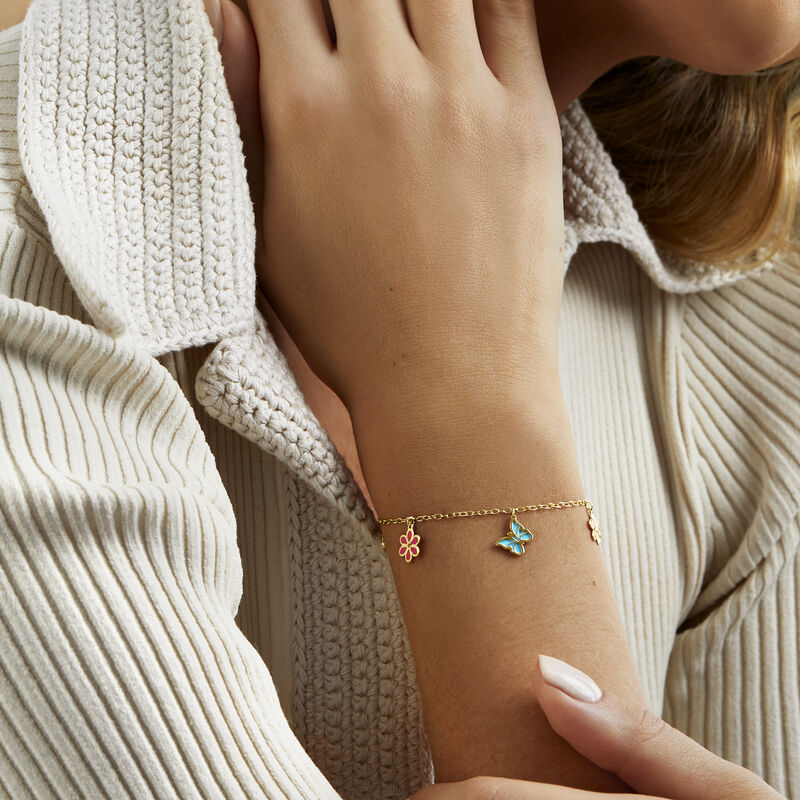 Italian Multicolored Enamel Butterfly and Flower Charm Bracelet in 14kt Yellow Gold image number 3