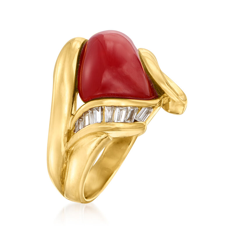 C. 1980 Vintage Red Coral and .20 ct. t.w. Diamond Ring in 18kt Yellow Gold image number 2