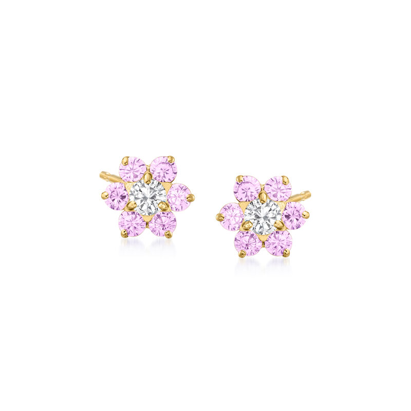 Child's .60 ct. t.w. Pink and White CZ Flower Earrings in 14kt Yellow Gold image number 0