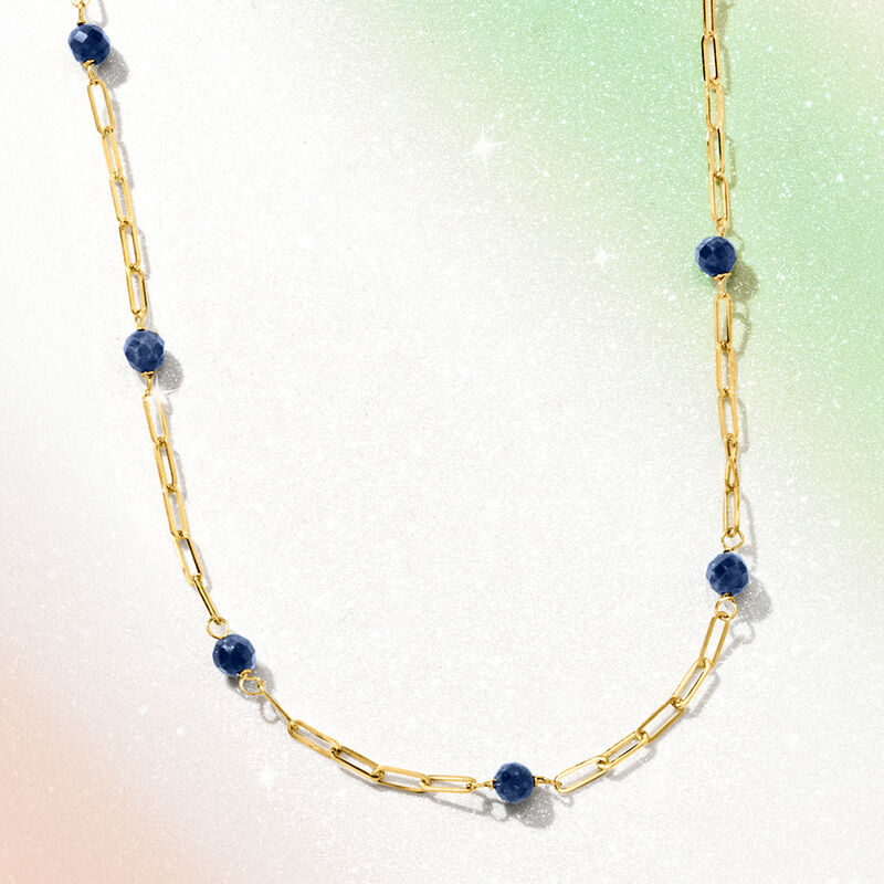 3.50 ct. t.w. Sapphire Bead Station Paper Clip Link Necklace in 14kt Yellow Gold image number 2