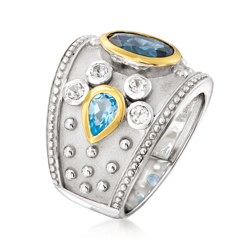 3.70 ct. t.w. London Blue, Swiss Blue and White Topaz Ring in Sterling Silver with 14kt Yellow Gold image number 2
