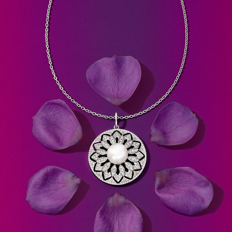 8-8.5mm Cultured Pearl and .10 ct. t.w. Diamond Circle Pendant Necklace in Sterling Silver. 18&quot; image number 2
