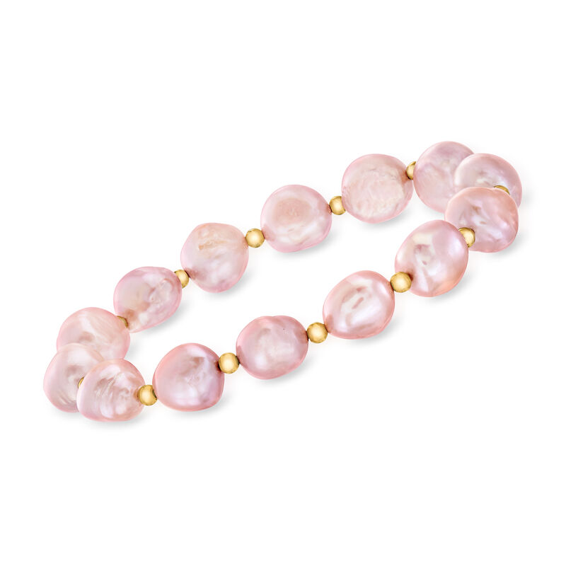10-11mm Pink Cultured Baroque Pearl Stretch Bracelet in 14kt Yellow Gold. 7&quot; image number 0