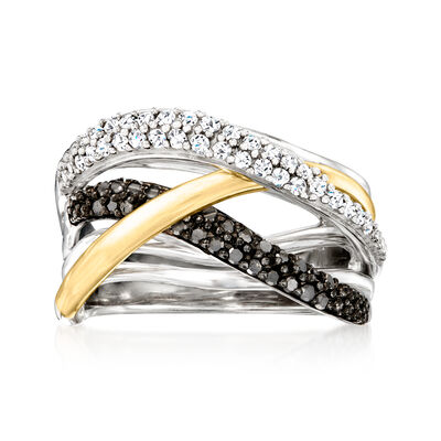 .50 ct. t.w. Black and White Diamond Highway Ring in Sterling Silver and 14kt Yellow Gold