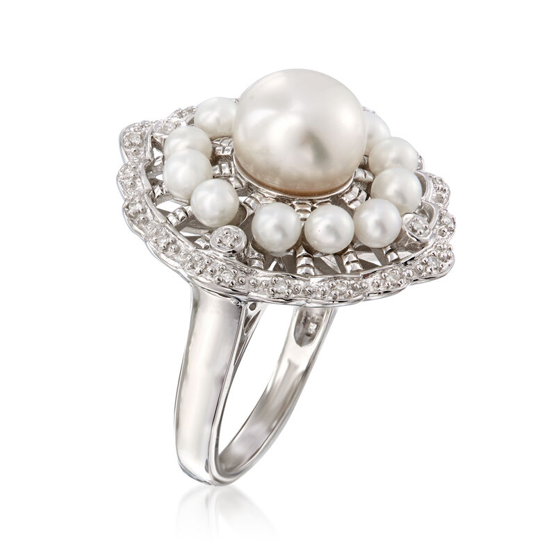 3-8mm Cultured Pearl Scalloped Ring with Diamond Accents in Sterling Silver image number 2