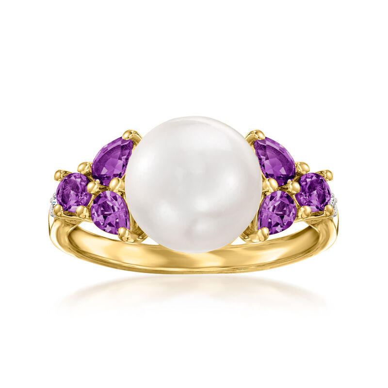 9.5-10mm Cultured Pearl and .80 ct. t.w. Amethyst Ring with Diamond Accents in 18kt Gold Over Sterling image number 0