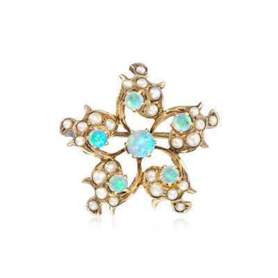 C. 1950 Vintage Opal Floral Pin with Seed Pearls in 9kt Yellow Gold