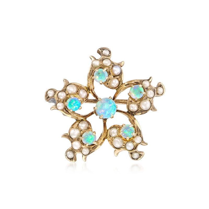C. 1950 Vintage Opal Floral Pin with Seed Pearls in 9kt Yellow Gold image number 0