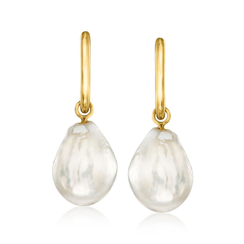 18kt Gold Over Sterling Hoop Earrings with Removable 10-13mm Cultured Baroque Pearl Drops image number 3