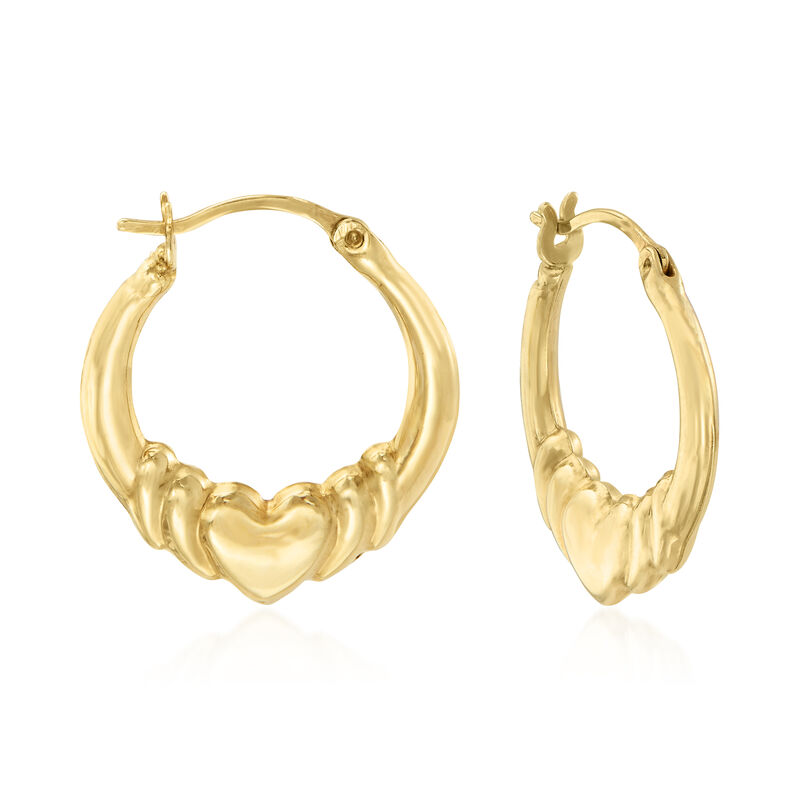 14kt Yellow Gold Ribbed Heart Hoop Earrings image number 0