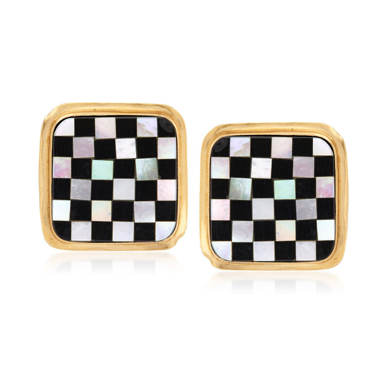 C. 1970 Vintage Onyx and Mother of Pearl Checkerboard Earrings in 14kt Yellow Gold image number 0