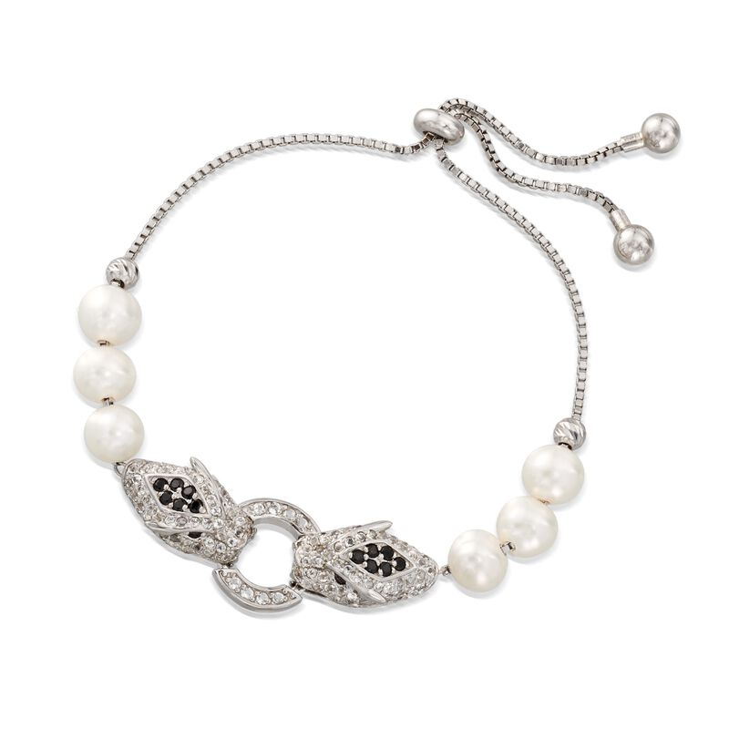 7-7.5mm Cultured Pearl and 1.50 ct. t.w. White Topaz Panther Bolo Bracelet with Black Spinels in Sterling image number 2