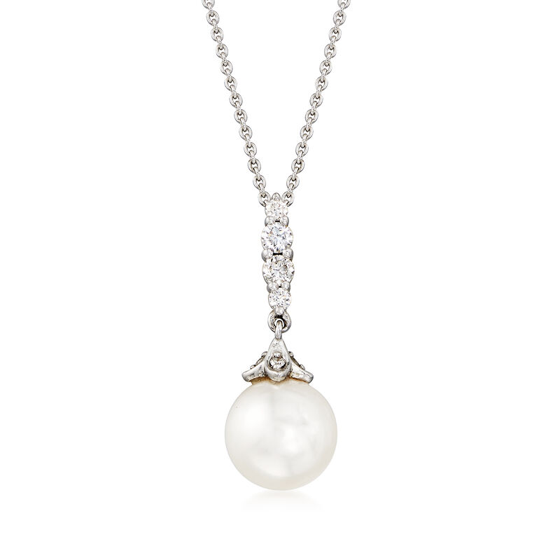 Gabriel Designs Cultured Pearl and .17 ct. t.w. Diamond Pendant Necklace in 14kt White Gold. 17&quot; image number 1