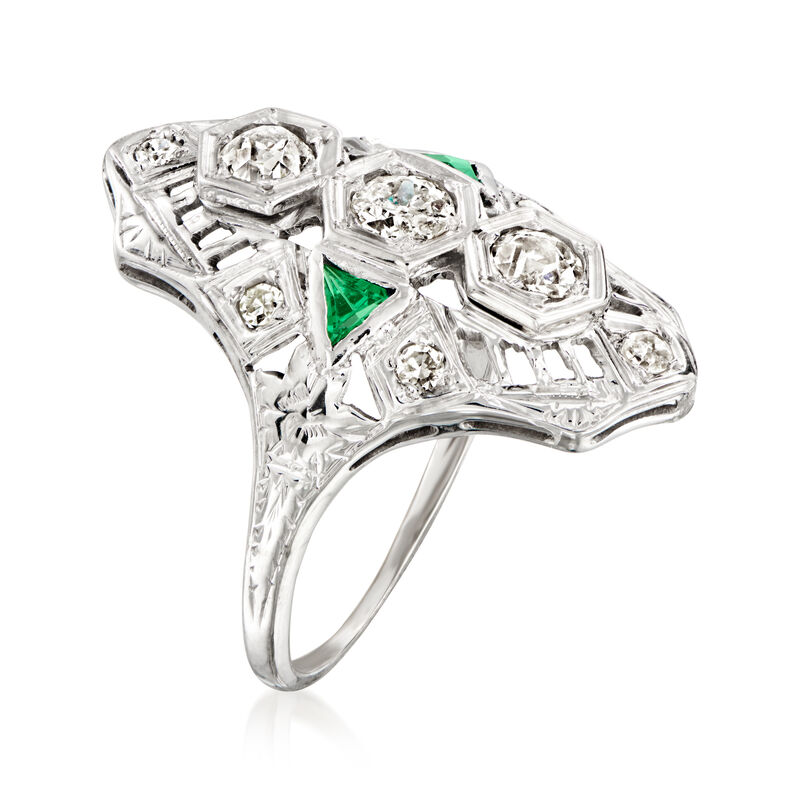 C. 1930 Vintage 3.5mm Simulated Emerald and .85 ct. t.w. Diamond Ring in 18kt White Gold. Size 7 image number 2