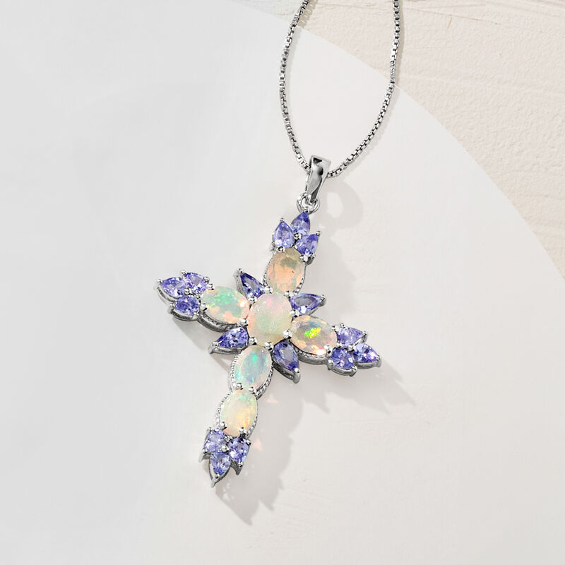 Ethiopian Opal and 1.90 ct. t.w. Tanzanite Cross Pendant Necklace in Sterling Silver image number 2