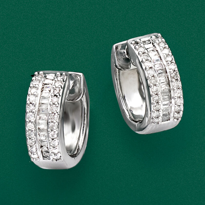 .50 ct. t.w. Round and Baguette Diamond Huggie Hoops in Sterling Silver. 3/8&quot; image number 2