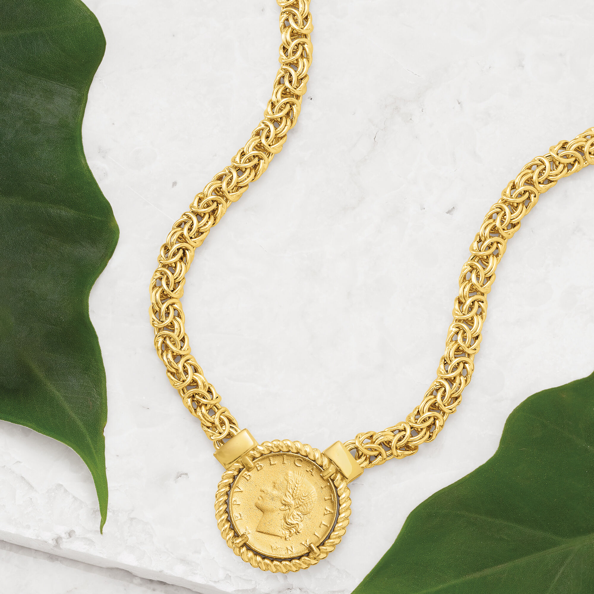 Italian 18kt Gold Over Sterling Replica Lira Coin Byzantine Necklace