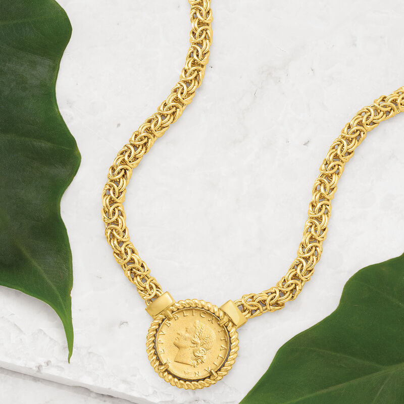 Italian 18kt Gold Over Sterling Replica Lira Coin Byzantine Necklace image number 4