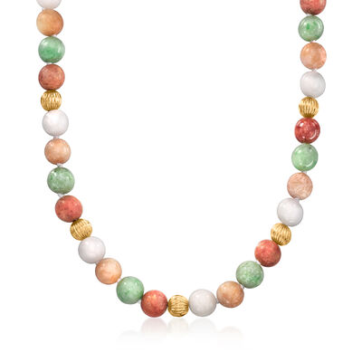 C. 1980 Vintage 9mm Multicolored Jade Bead Necklace with 14kt Yellow Gold