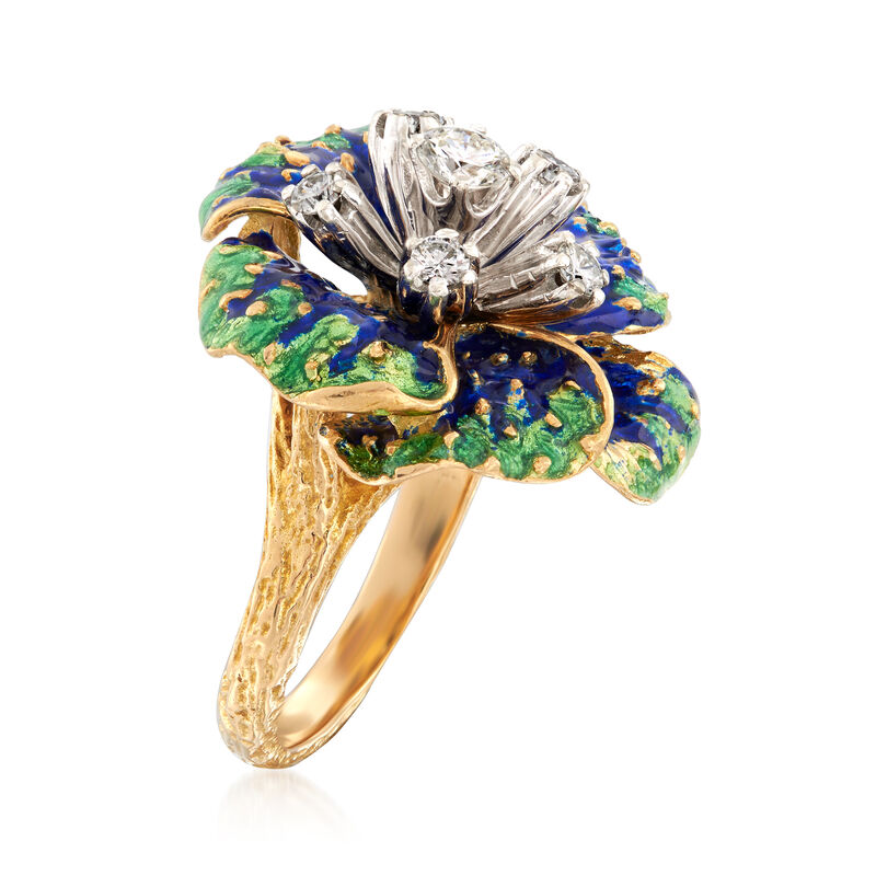 C. 1970 Vintage .50 ct. t.w. Diamond and Enamel Floral Ring in 18kt Yellow Gold. Size 6.5 image number 2