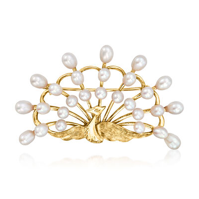 C. 1990 Vintage 4.5-6mm Cultured Pearl Peacock Pin in 14kt Yellow Gold