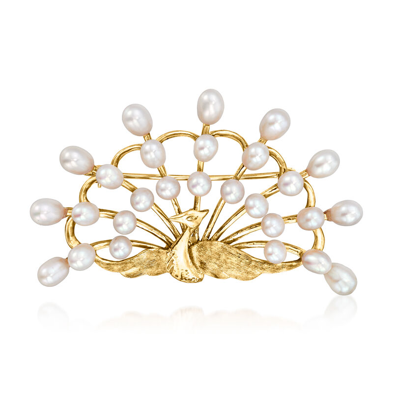 C. 1990 Vintage 4.5-6mm Cultured Pearl Peacock Pin in 14kt Yellow Gold  image number 0
