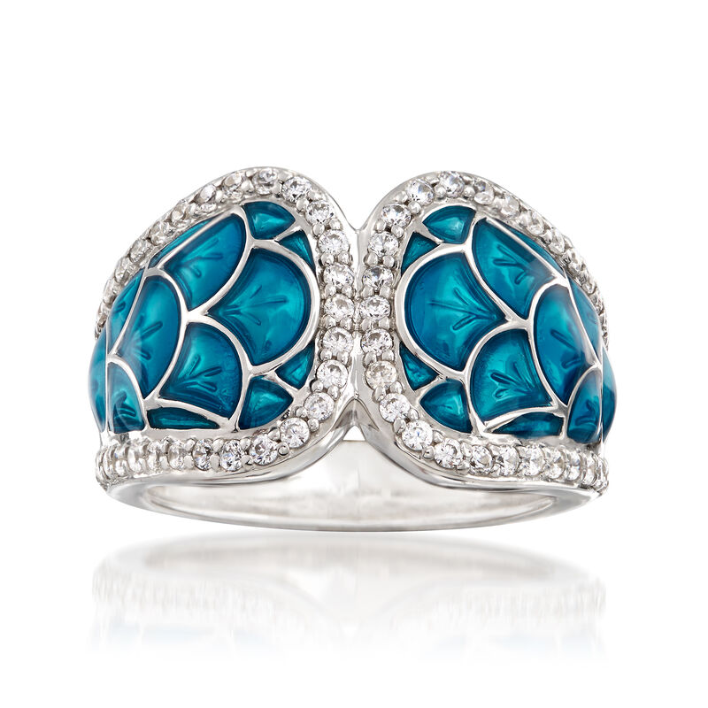 Belle Etoile &quot;Marina&quot; Sea-Blue Enamel and .95 ct. t.w. CZ Ring in Sterling Silver. Size 7 image number 0