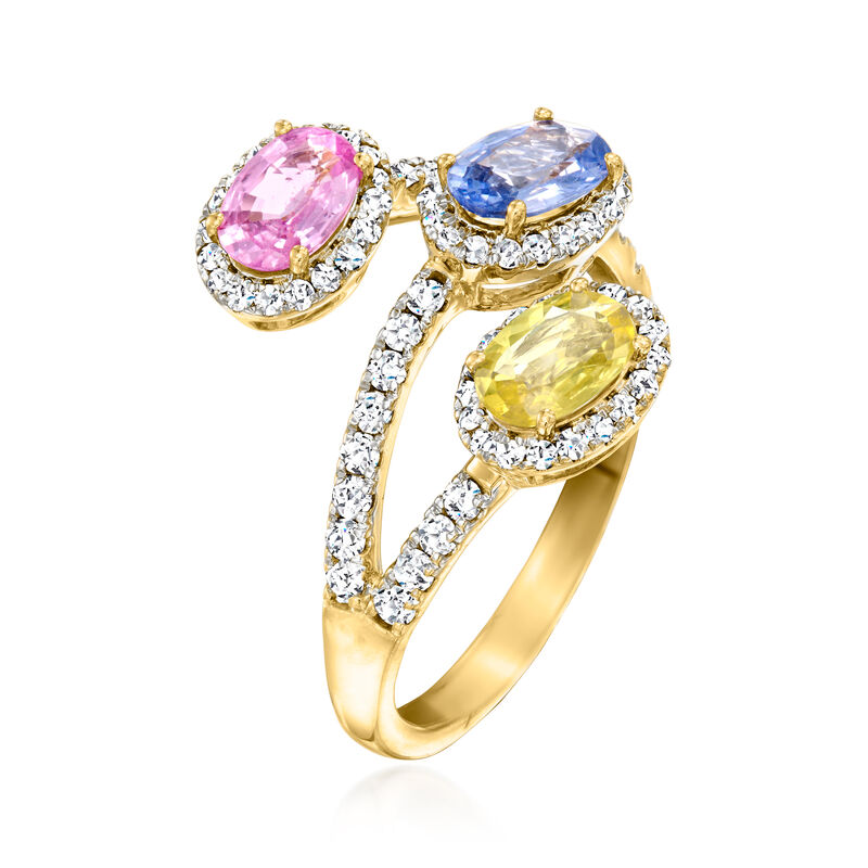 C. 1990 Vintage 1.35 ct. t.w. Multicolored Sapphire Bypass Ring with .85 ct. t.w. Diamonds in 14kt Yellow Gold. Size 7 image number 2