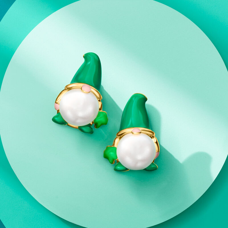 8-8.5mm Cultured Pearl and Multicolored Enamel Leprechaun Gnome Earrings in 18kt Gold Over Sterling image number 3