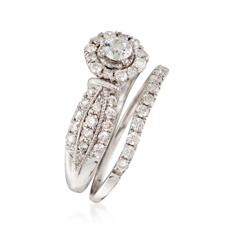 1.00 ct. t.w. Diamond Milgrain Bridal Set: Engagement and Weddings Rings in 14kt White Gold image number 2
