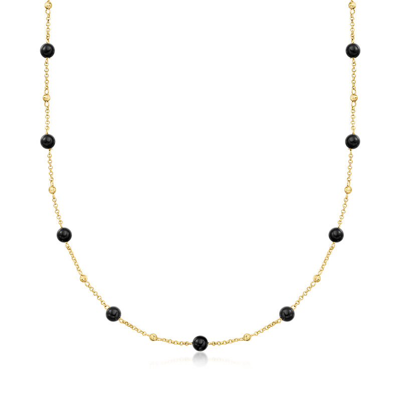 Italian 6mm Onyx Bead Station Necklace in 18kt Gold Over Sterling. 18&quot; image number 1