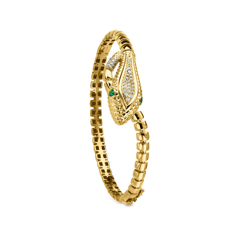 .30 ct. t.w. Lab-Grown Diamond and .10 ct. t.w. Lab-Grown Emerald Snake Bangle Bracelet in 18kt Gold Over Sterling image number 2