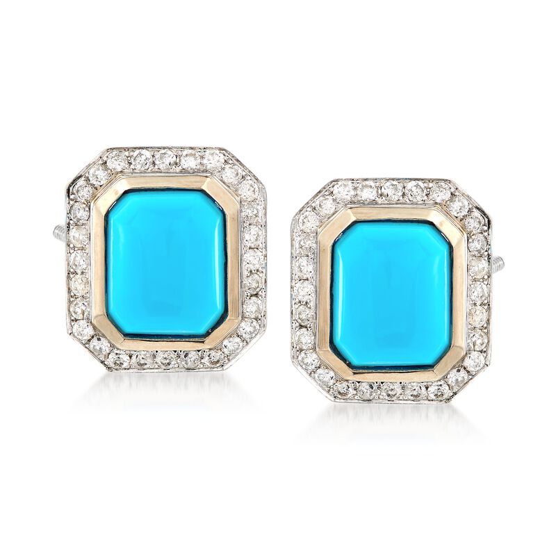 C. 1980 Vintage Turquoise and .90 ct. t.w. Diamond Frame Earrings in 14kt White Gold  image number 0