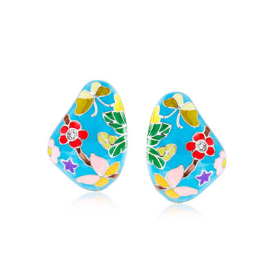 Belle Etoile "Flutterby" Multicolored Enamel Hoop Earrings with CZs in Sterling Silver