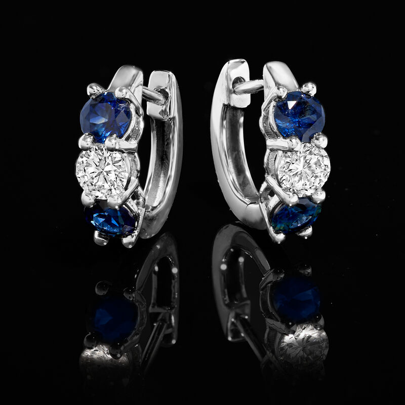 1.20 ct. t.w. Sapphire and .50 ct. t.w. Lab-Grown Diamond Hoop Earrings in 14kt White Gold image number 2