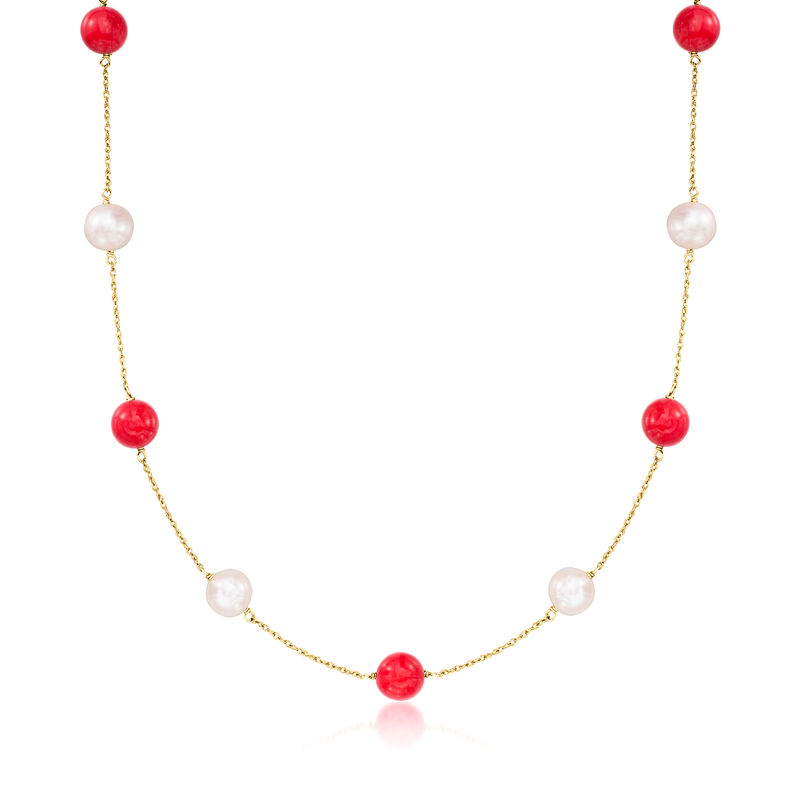 8-8.5mm Cultured Pearl and 8mm Red Coral Bead Station Necklace in 14kt Yellow Gold. 18&quot; image number 1