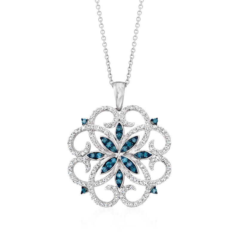 .76 ct. t.w. Blue and White Diamond Scrolling Medallion Pendant Necklace in Sterling Silver image number 0