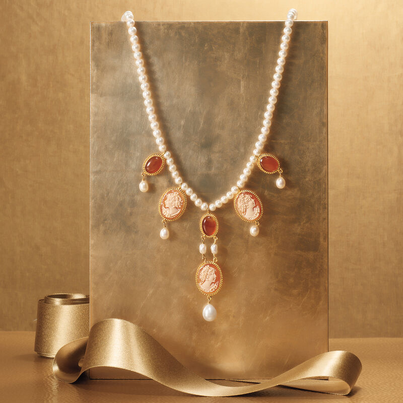 Italian Shell Cameo and 5-10mm Cultured Pearl Necklace with Carnelians in 18kt Gold Over Sterling image number 2