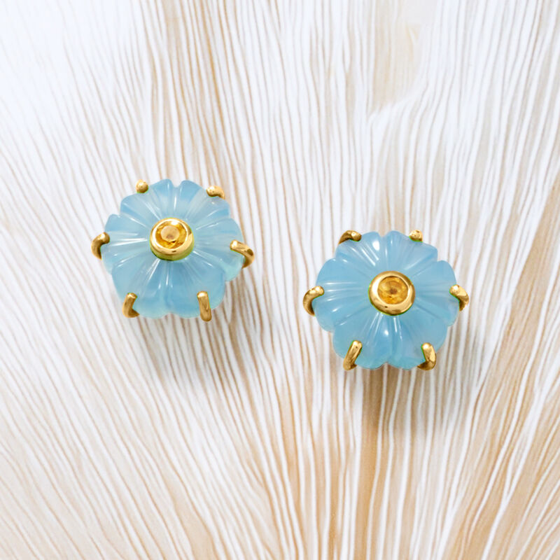 Carved Blue Chalcedony and .20 ct. t.w. Citrine Flower Earrings in 18kt Gold Over Sterling  image number 2
